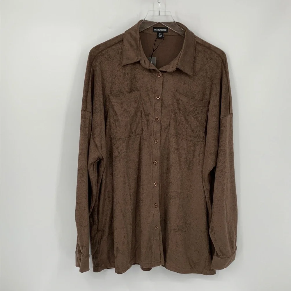 PrettyLittleThing oversized button front cozy terry shirt brown chocolate 8 M